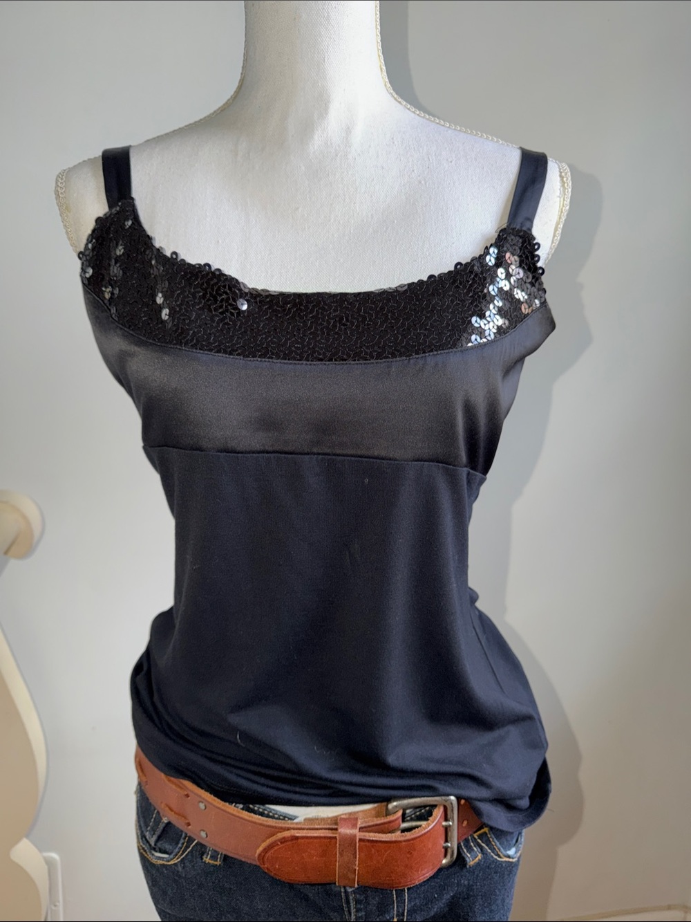 The Limited Black Sequin-Trim Satin Camisole, soft and light new with tag